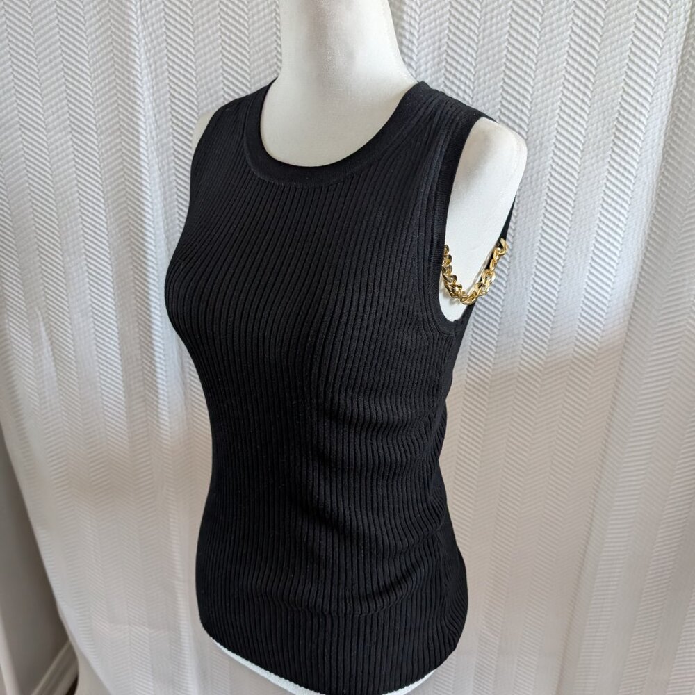 Catherine Malandrino Black Ribbed Sleeveless Knit Top with Gold Chains Small